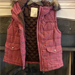 Aeropostale Pink Plaid Vest with Faux Fur Trim